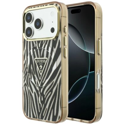 Guess IML Zebra Glitter Triangle Logo MagSafe - θήκη για Apple iPhone 18 Pro / 17 Pro - Χρυσό