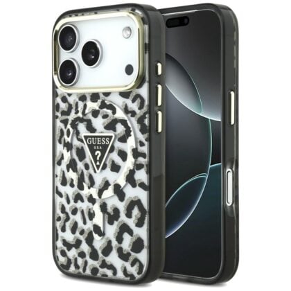Guess IML Leopard Glitter Triangle Logo MagSafe - θήκη για Apple iPhone 18 Pro / 17 Pro - Μαύρο