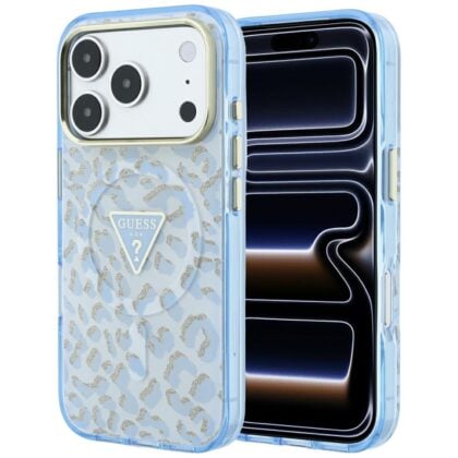 Guess IML Leopard Glitter Triangle Logo MagSafe - θήκη για Apple iPhone 18 Pro / 17 - Μπλε