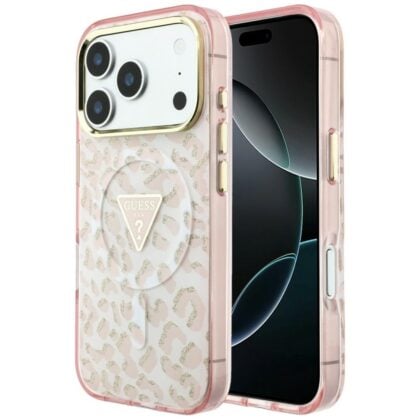 Θήκη Guess IML Leopard Glitter Triangle Logo MagSafe για iPhone 18 Pro / iPhone 17 Pro ροζ