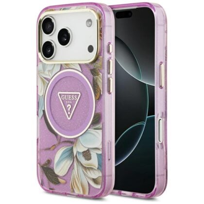 Guess IML Metal Glitter Flowers Triangle MagSafe - θήκη για Apple iPhone 18 Pro / 17 Pro - Μωβ