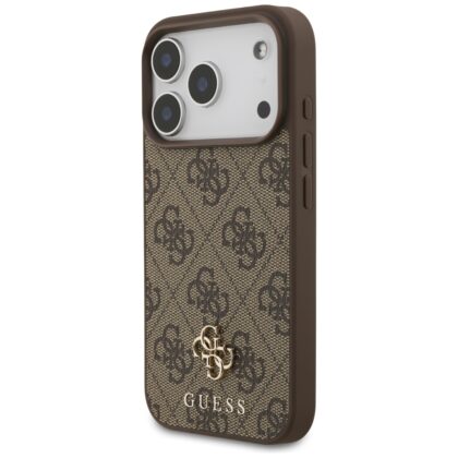 Καφέ θήκη Guess 4G Small Classic Logo από συνθετικό δέρμα PU με δακτύλιο MagSafe για iPhone 18 Pro