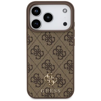 Καφέ θήκη Guess 4G Small Classic Logo από συνθετικό δέρμα PU με δακτύλιο MagSafe για iPhone 18 Pro