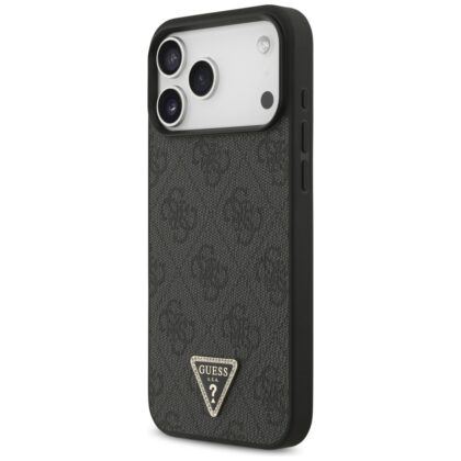 Μαύρη θήκη Guess Leather 4G Triangle με στρας για iPhone 18 Pro Max, με δέρμα και ενσωματωμένο MagSafe