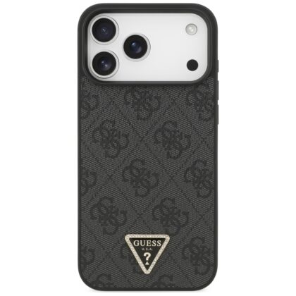 Μαύρη θήκη Guess Leather 4G Triangle με στρας για iPhone 18 Pro Max, με δέρμα και ενσωματωμένο MagSafe