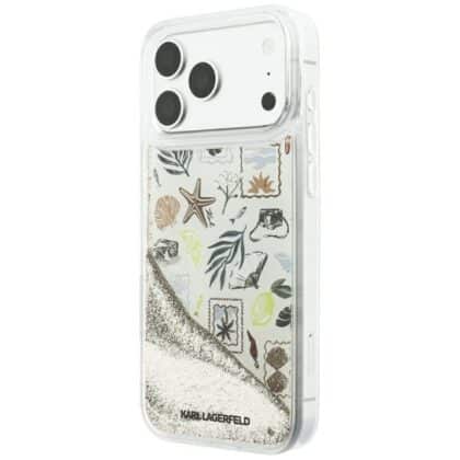 Μπεζ θήκη Karl Lagerfeld Liquid Glitter Beach & Sand για iPhone 18 Pro Max με σχέδιο κοχυλιών και αστεριών