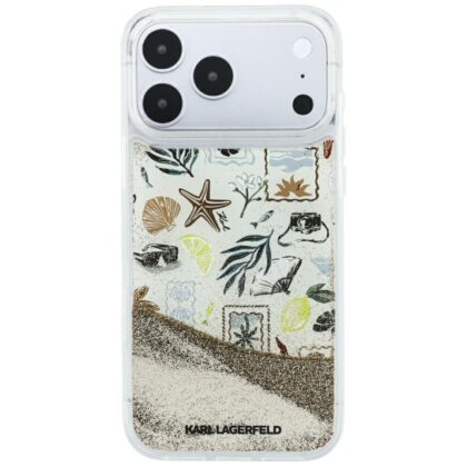Μπεζ θήκη Karl Lagerfeld Liquid Glitter Beach & Sand για iPhone 18 Pro Max με σχέδιο κοχυλιών και αστεριών