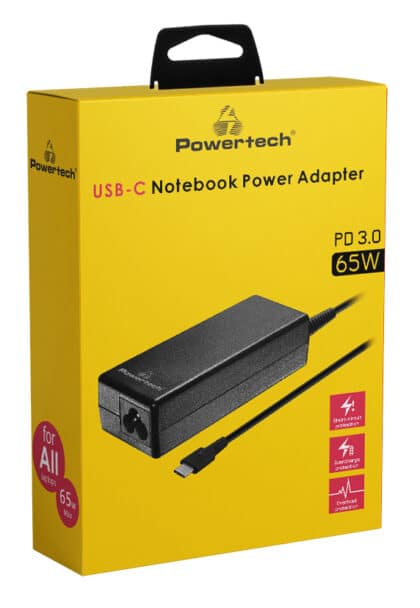 Μαύρος φορτιστής τοίχου Powertech PT-1319 με θύρα USB-C για laptop, 65W