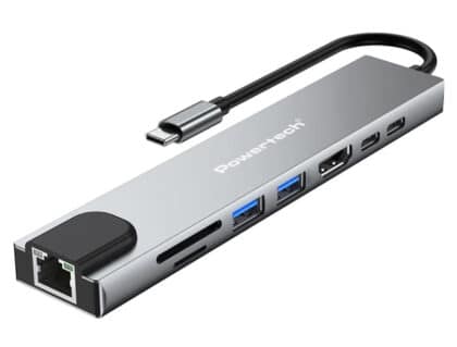 Powertech PT-1536 Σταθμός Σύνδεσης, 8 Θυρών, USB-C, 87W PD, 100Mbps, Γκρι