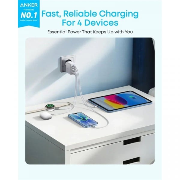 Anker Zolo Φορτιστής Τοίχου 50W, 3A, 2 x USB-A, 2 x USB-C, Λευκός, A121EG21 - Image 2