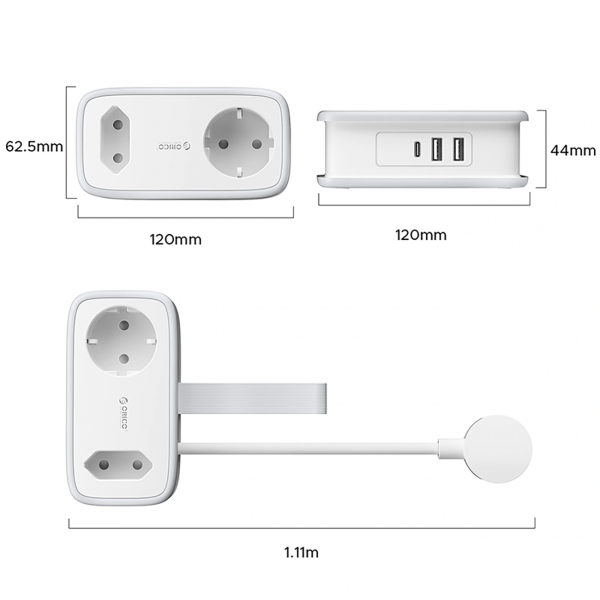 Orico Power Strip APP, 1 x Schuko - 1 x Socket - 2 x USB-A - 1 x USB-C, Λευκό Γκρι - Image 3