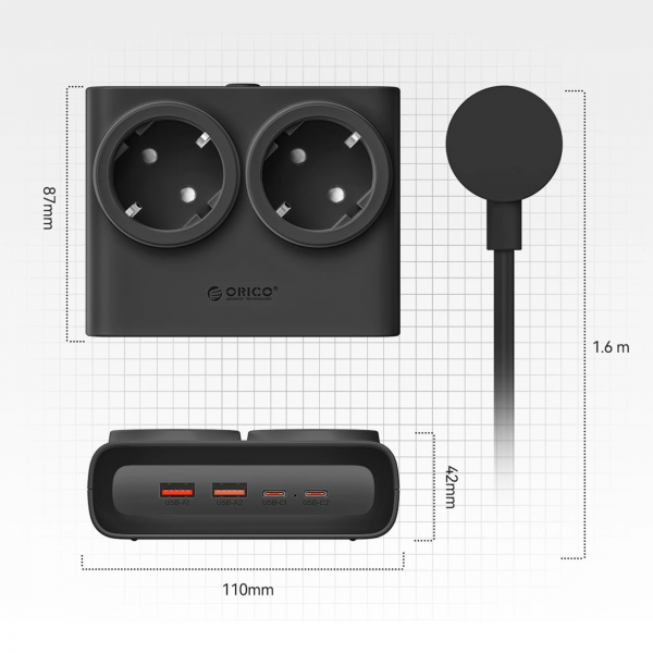 ORICO PDC25 Πολύπριζο 2 x Schuko, 2 x USB-A, 2 x USB-C, Μαύρο - Image 5