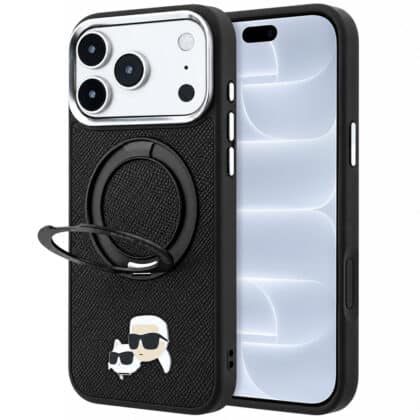 Karl Lagerfeld Leather Ring Stand 360 KC Pin - θήκη για Apple iPhone 18 Pro / 17 Pro - Μαύρο