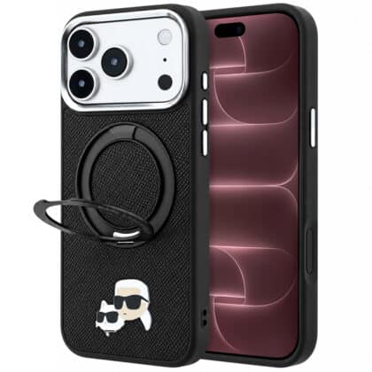 Karl Lagerfeld Leather Ring Stand 360 KC Pin - θήκη για Apple iPhone 18 Pro Max / 17 Pro Max - Μαύρο