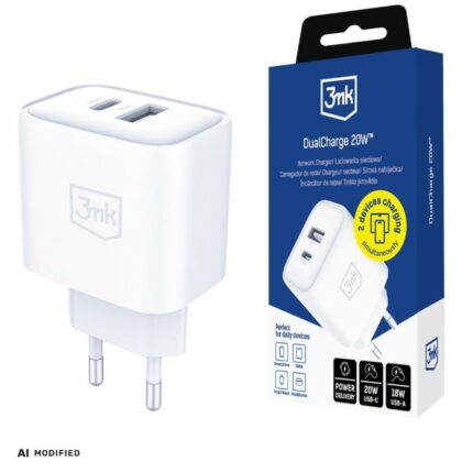 3MK DualCharge 20W Φορτιστής Τοίχου PD3.0 QC 3.0 PPS USB-A + USB-C Λευκός