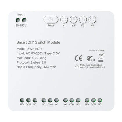 Avatto ZWSMMD-4-250V Μονάδα Διακόπτη ZigBee 4 Καναλιών, Χωρίς Τάση DC 32V