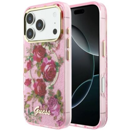 Guess IML Glitter Blossom Roses - θήκη για Apple iPhone 18 Pro Max / 17 Pro Max - Ροζ