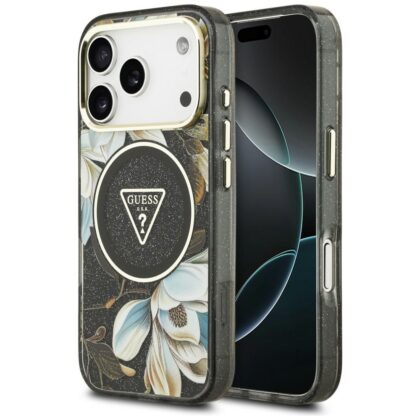 Guess IML Glitter Flowers Triangle - θήκη για Apple iPhone 18 Pro Max / 17 Pro Max - Μαύρο