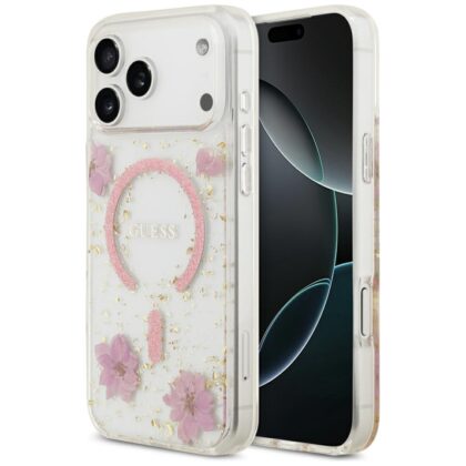 Guess Resin Flowers Glitter MagSafe - θήκη για Apple iPhone 18 Pro Max / 17 Pro Max - Ροζ