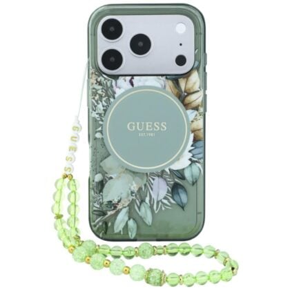 Guess IML Flowers Pearl Strap - θήκη για Apple iPhone 18 Pro / 17 Pro - Πράσινο