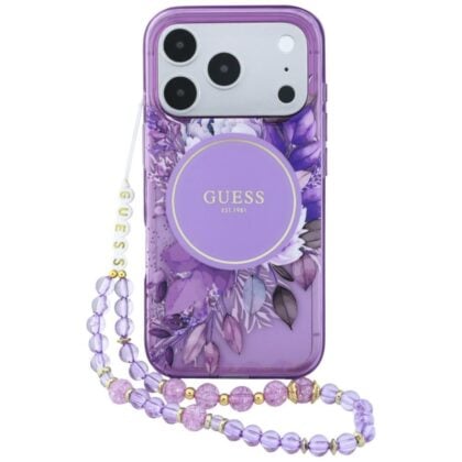 Guess IML Flowers Pearl Strap - θήκη για Apple iPhone 18 Pro / 17 Pro - Μωβ