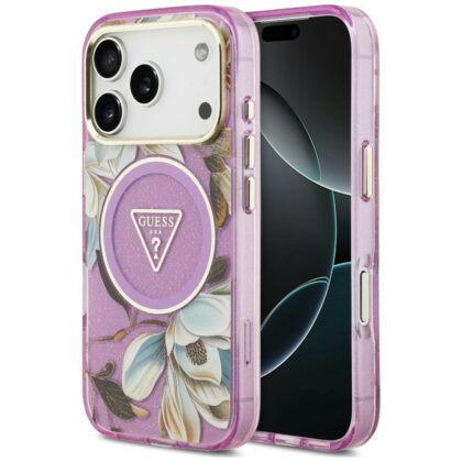 Guess IML Glitter Flowers Triangle - θήκη για Apple iPhone 18 Pro Max / 17 Pro Max - Μωβ