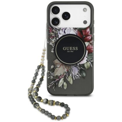 Guess IML Flowers Pearl Strap - θήκη για Apple iPhone 18 Pro Max / 17 Pro Max - Μαύρο