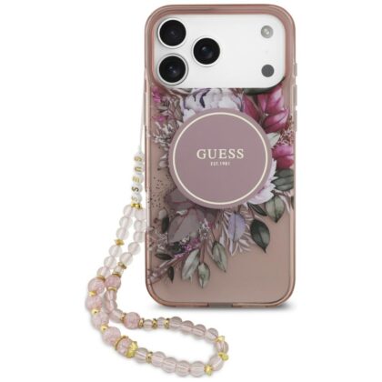 Guess IML Flowers Pearl Strap - θήκη για Apple iPhone 18 Pro Max / 17 Pro Max - Ροζ