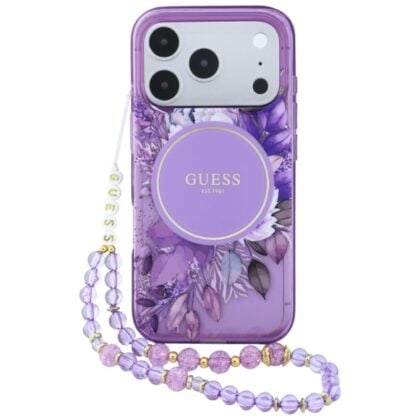 Guess IML Flowers Pearl Strap - θήκη για Apple iPhone 18 Pro Max / 17 Pro Max - Μωβ