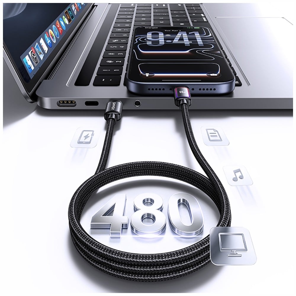 USAMS Καλώδιο USB-C σε Lightning SJ815 U110 RGB Γρήγορη Φόρτιση 60W 1.2 m Μαύρο - Image 3