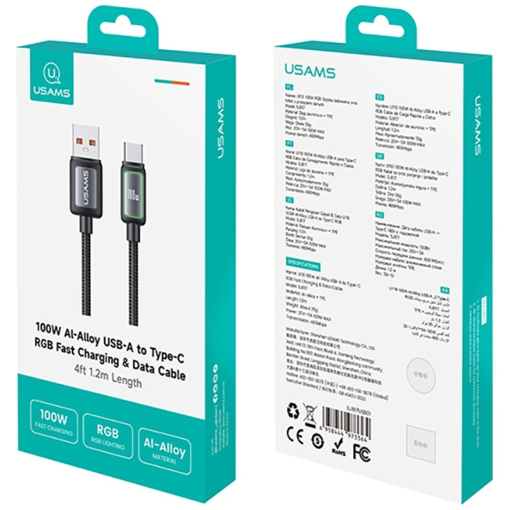 USAMS SJ817 U110 Καλώδιο USB-A σε USB-C Γρήγορης Φόρτισης 100W RGB 1.2 m Μαύρο - Image 3