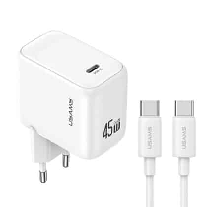 USAMS CC339 T76 Φορτιστής Τοίχου 45W GaN με Καλώδιο USB-C σε USB-C 1μ, Λευκό