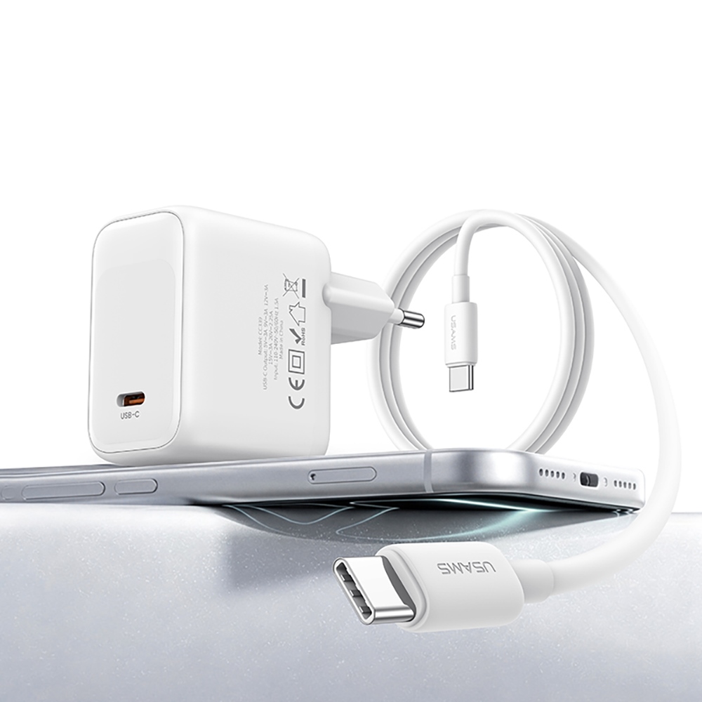 USAMS CC339 T76 45W GaN USB-C φορτιστής τοίχου + SJ711 καλώδιο USB-C σε USB-C (1μ, λευκό) - Image 3