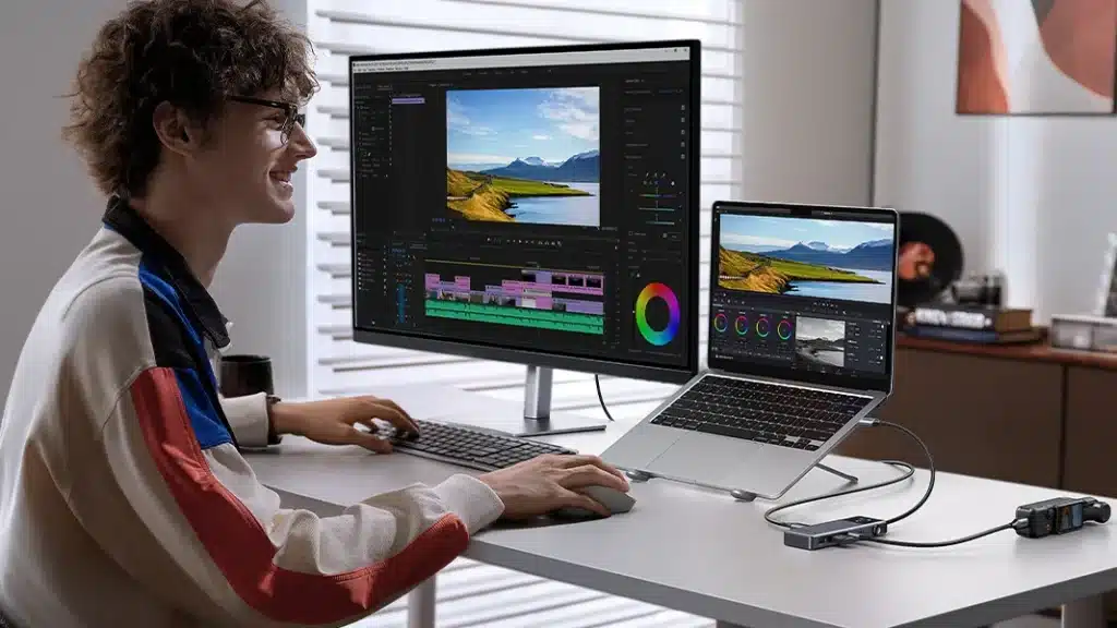 Νέος κάνει μοντάζ σε οθόνη και laptop συνδεδεμένα με USB-C hub UGREEN