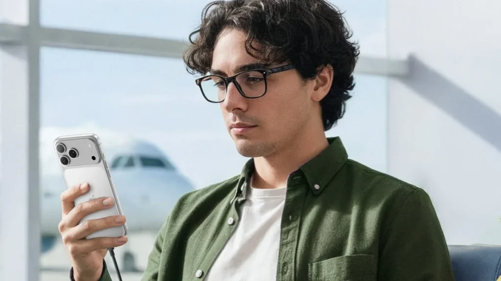 Άντρας σε αεροδρόμιο κοιτά το iPhone του που φορτίζει με καλώδιο USB-C