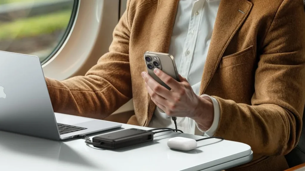 Επιβάτης τρένου φορτίζει laptop και κινητό από power bank Anker