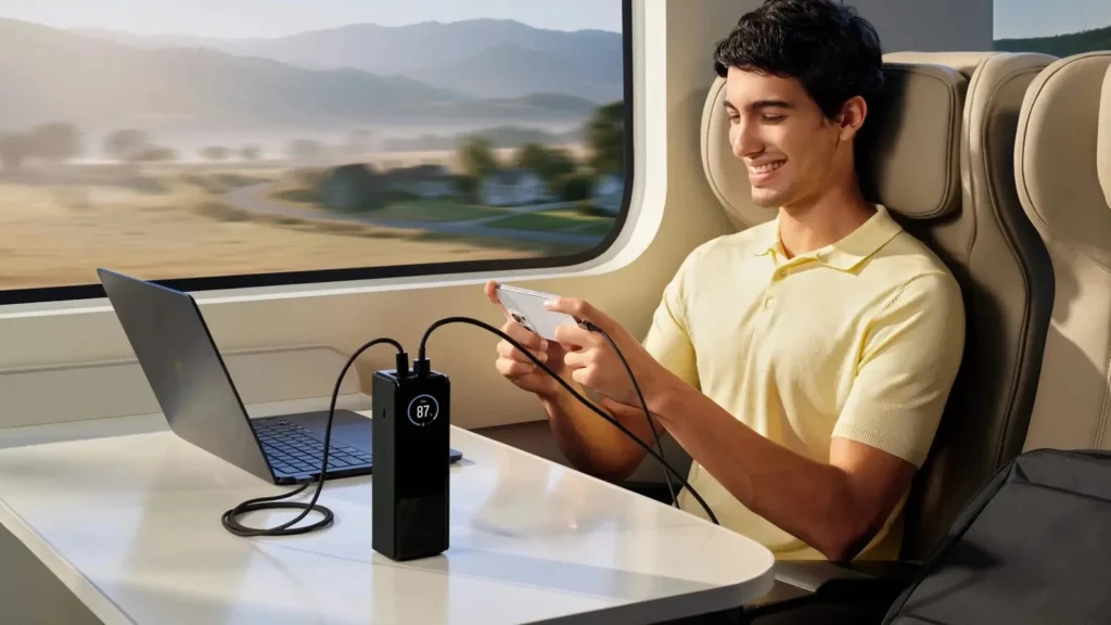Άντρας στο τρένο φορτίζει laptop και κινητό από power bank EcoFlow RAPID 25.000 mAh