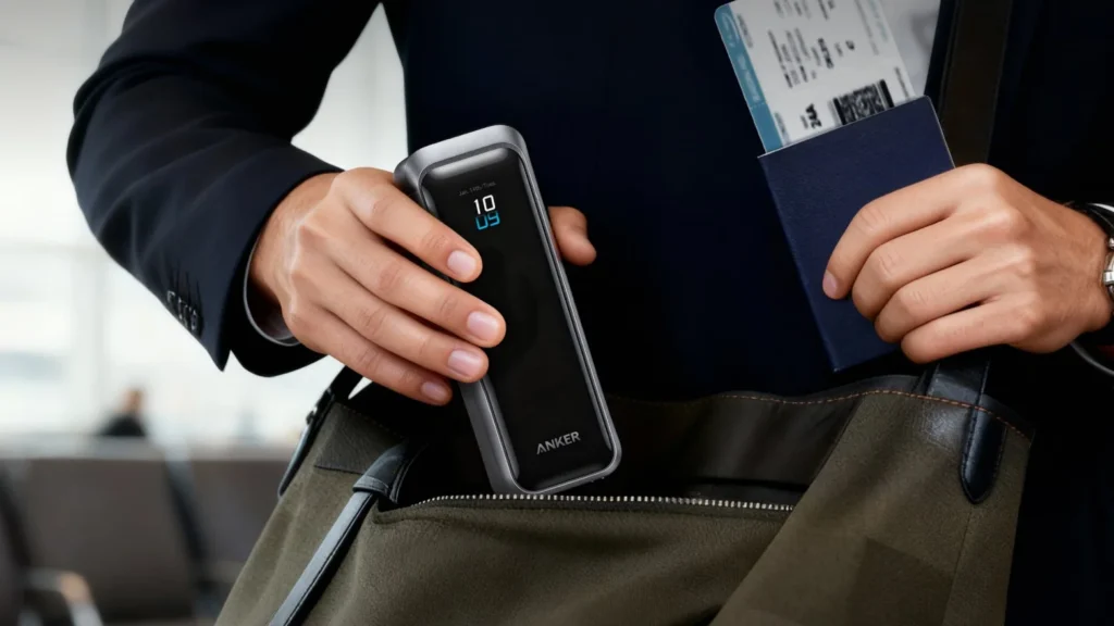 Χέρια βάζουν power bank Anker Prime στην τσάντα, δίπλα σε διαβατήριο και κάρτα επιβίβασης