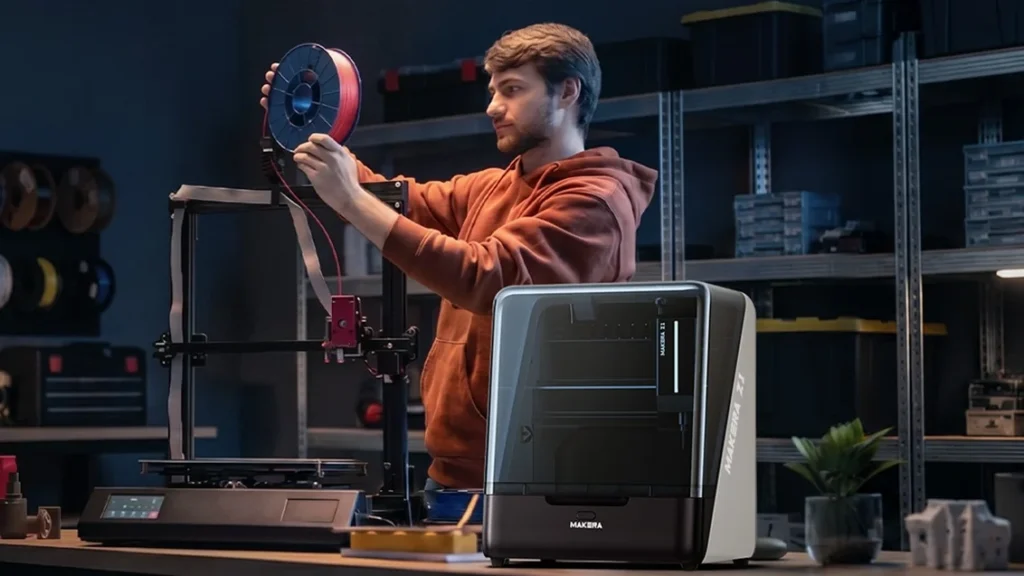 Maker στο εργαστήριό του με 3D εκτυπωτή και το φρεζάκι CNC Makera Carvera Air