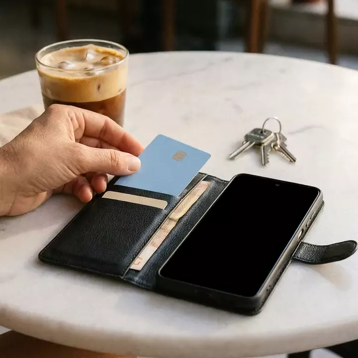 Θήκη πορτοφόλι Techsuit Leather Folio με κάρτες, ανοιχτή σε τραπέζι